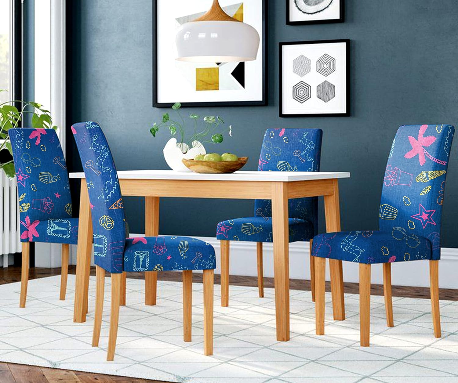 HOTKEI | Blue digital printed 4 seater dining chair cover on livebetterindia.com