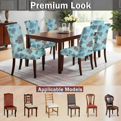 HOTKEI Sea Blue Floral Printed Stretchable Dining Chair Seat Slipcover and Protector