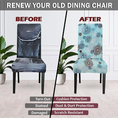 HOTKEI Sea Blue Floral Printed Stretchable Dining Chair Seat Slipcover and Protector