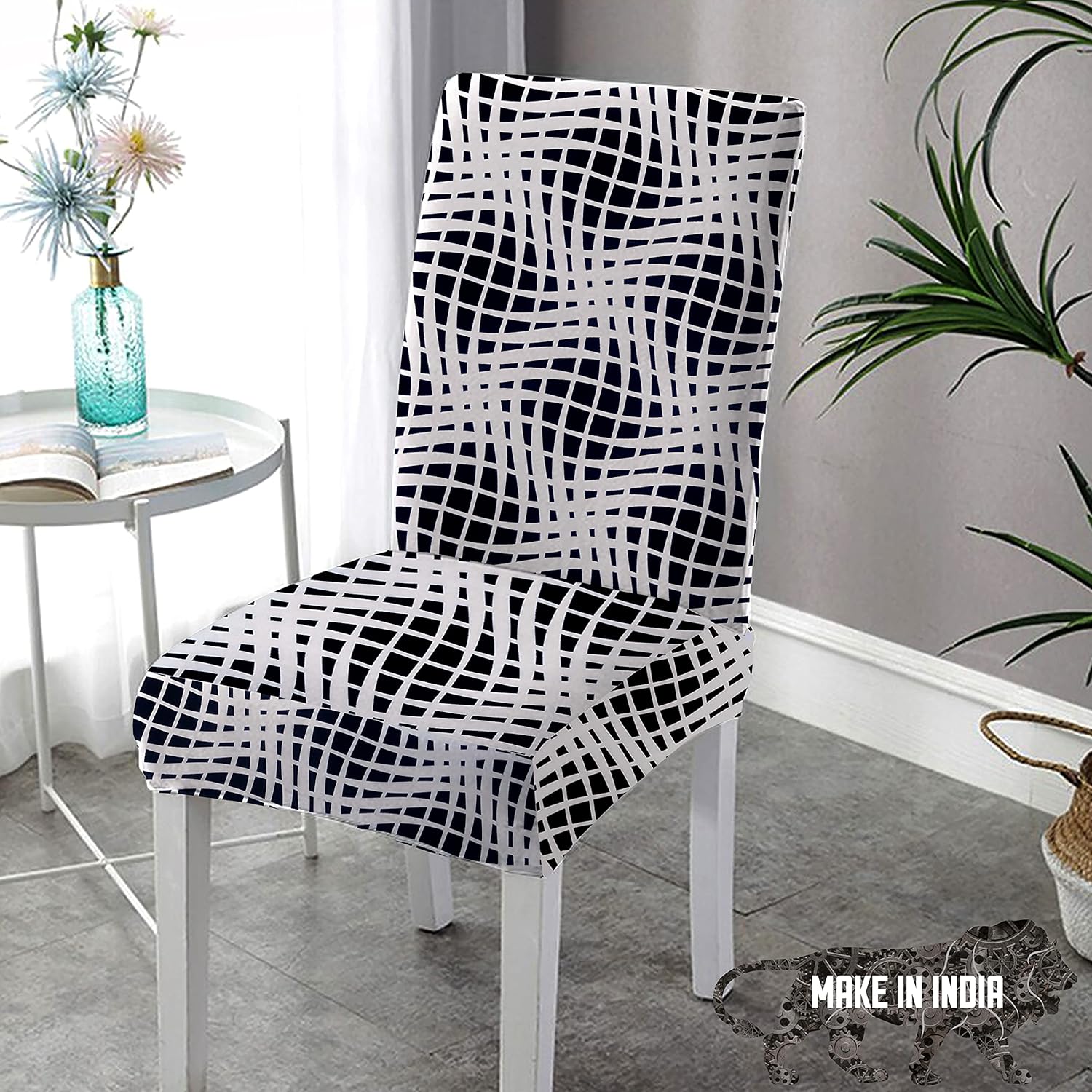Lazi | Black and white printed dining chair cover on livebetterindia