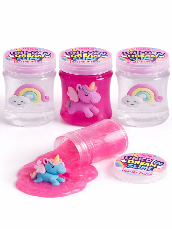 HOTKEI Unicorn Dream Slime for Kids 3 to 10 Years Stretchable Slime with Surprise Cute Unicorn Eraser Inside Soft Non-Sticky DIY Slimy Fun Toy Birthday & Return Gift for Kids Girls & Boys Pack of 4