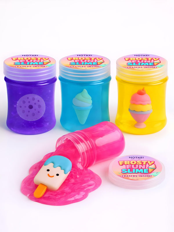 HOTKEI Frosty Fun Slime for Kids 3 to 10 Years Stretchable Slime with Surprise Cute Frosty Fun Eraser Inside Soft Non-Sticky DIY Slimy Fun Toy Birthday & Return Gift for Kids Girls & Boys Pack of 4