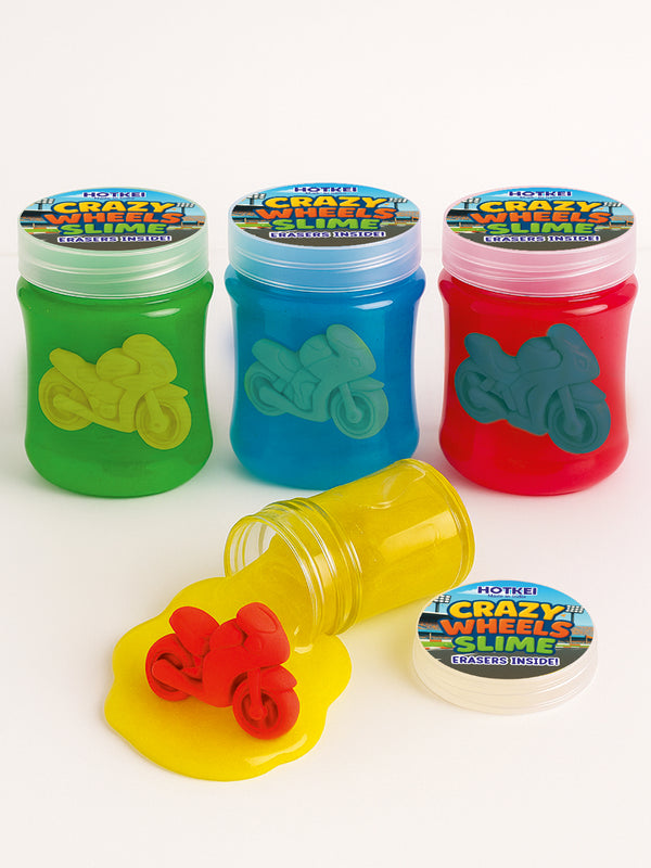 HOTKEI Crazy Wheels Slime for Kids 3 to 10 Years Stretchable Slime with Surprise Bike Eraser Inside Soft Non-Sticky DIY Slimy Fun Toy Birthday & Return Gift for Kids Girls & Boys Pack of 4