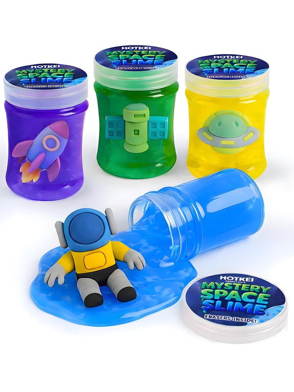 HOTKEI Mystery Space Slime for Kids 3 to 10 Years Stretchable Slime with Surprise Mystery Space Eraser Inside Soft Non-Sticky DIY Slimy Fun Toy Birthday & Return Gift for Kids Girls & Boys Pack of 4