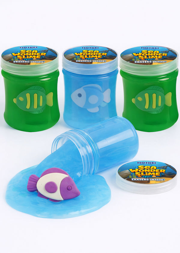 HOTKEI Sea Wonder Slime for Kids 3 to 10 Years Stretchable Slime with Surprise Fish Eraser Inside Soft Non-Sticky DIY Slimy Fun Toy Birthday & Return Gift for Kids Girls & Boys Pack of 4