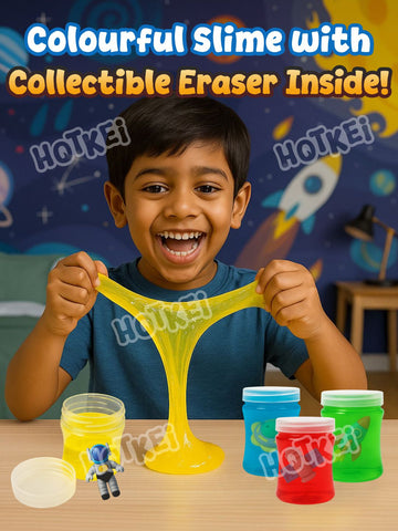 HOTKEI Mystery Space Slime for Kids 3 to 10 Years Stretchable Slime with Surprise Mystery Space Eraser Inside Soft Non-Sticky DIY Slimy Fun Toy Birthday & Return Gift for Kids Girls & Boys Pack of 4