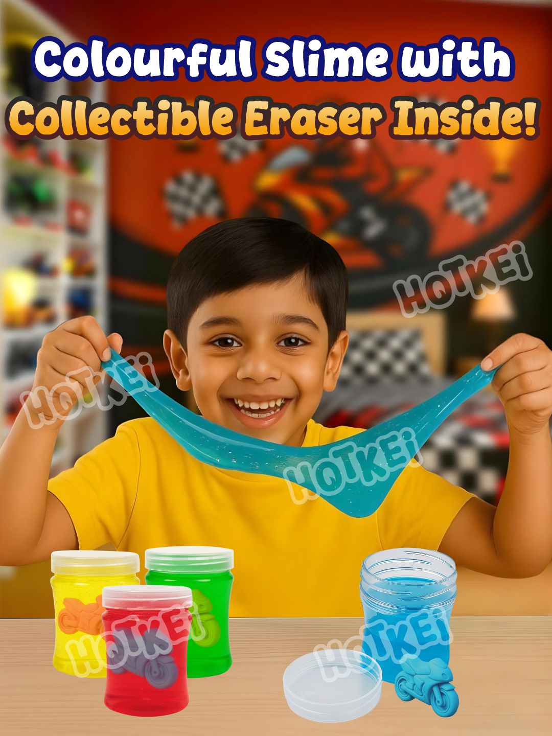 HOTKEI Crazy Wheels Slime for Kids 3 to 10 Years Stretchable Slime with Surprise Bike Eraser Inside Soft Non-Sticky DIY Slimy Fun Toy Birthday & Return Gift for Kids Girls & Boys Pack of 4