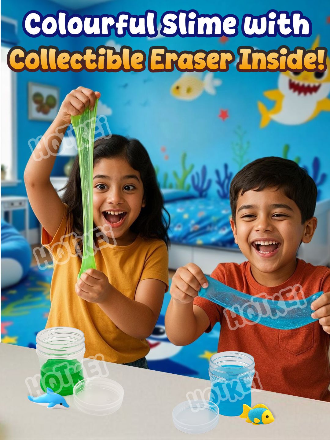 HOTKEI Sea Wonder Slime for Kids 3 to 10 Years Stretchable Slime with Surprise Fish Eraser Inside Soft Non-Sticky DIY Slimy Fun Toy Birthday & Return Gift for Kids Girls & Boys Pack of 4