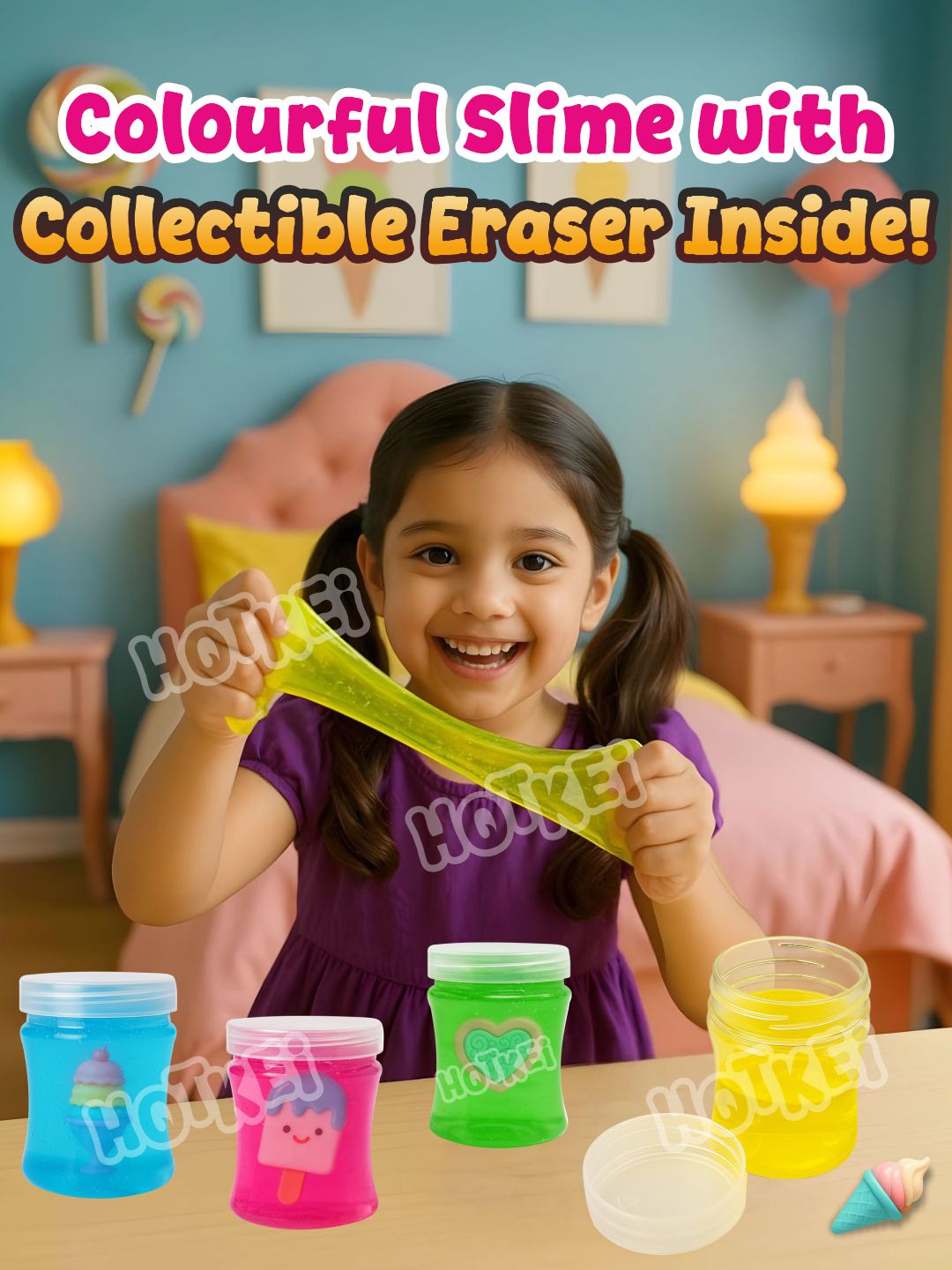 HOTKEI Frosty Fun Slime for Kids 3 to 10 Years Stretchable Slime with Surprise Cute Frosty Fun Eraser Inside Soft Non-Sticky DIY Slimy Fun Toy Birthday & Return Gift for Kids Girls & Boys Pack of 4