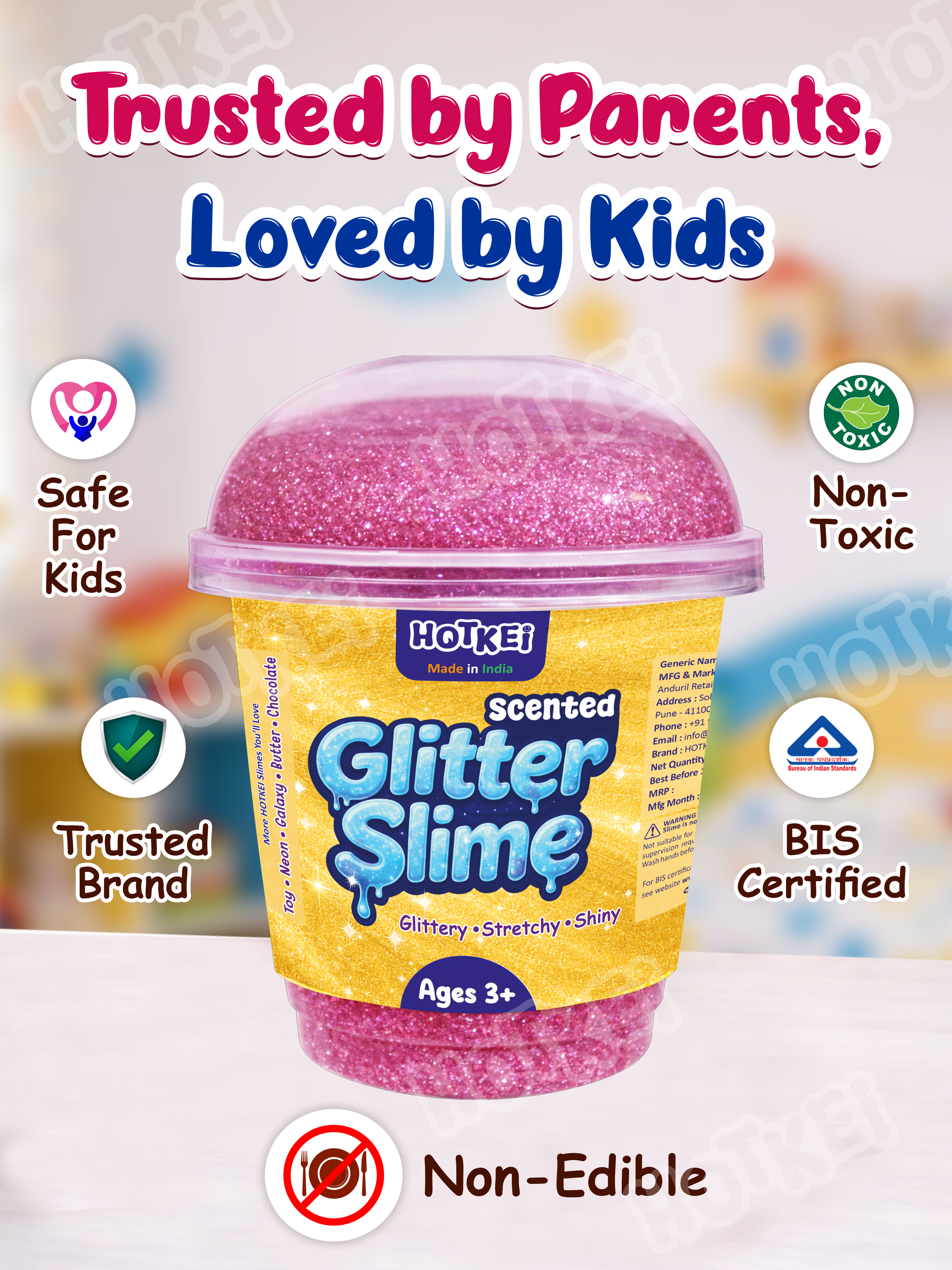 HOTKEI Pink Glitter Slime for Kids 3+ Years Super Stretchy, Soft & Smooth Premium Shiny Slime Non-Toxic Sparkle Fun Slime Toy Birthday & Return Gift for Boys and Girls