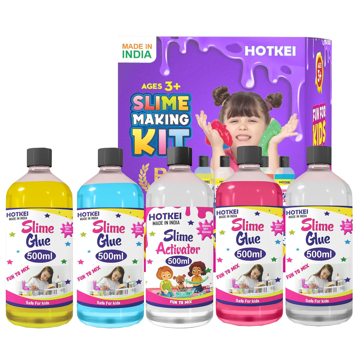 HOTKEI (Make 100+ slimes) Multicolor Scented DIY Magic Toy Slimy Slime Activator Glue Gel Jelly Putty Making kit Set Toy for Boys Girls Kids Slime Making Kit 4 Colored Glue 1 Activator - 500 ml each