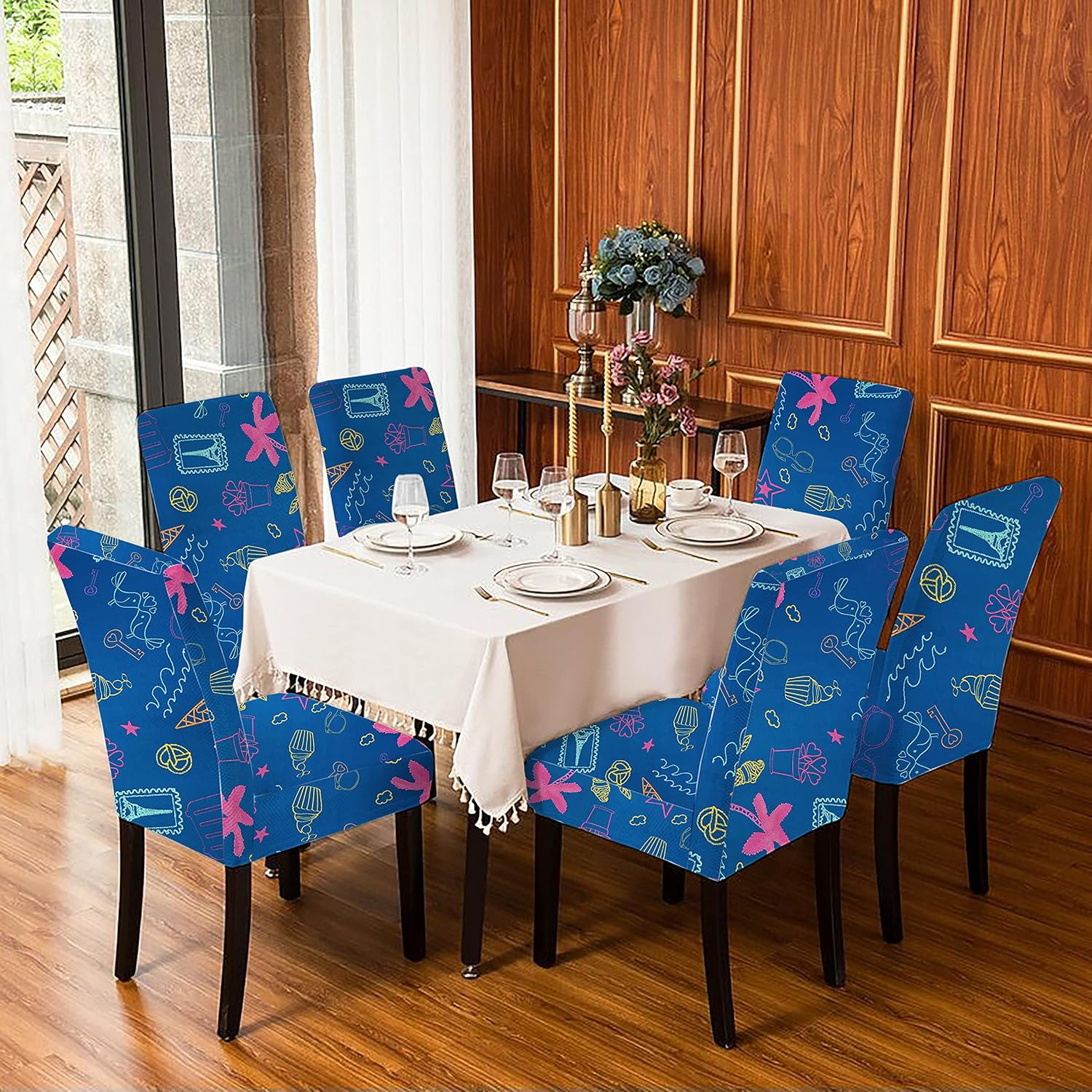 HOTKEI | Set of 6 Blue dining chair cover on livebetterindia.com