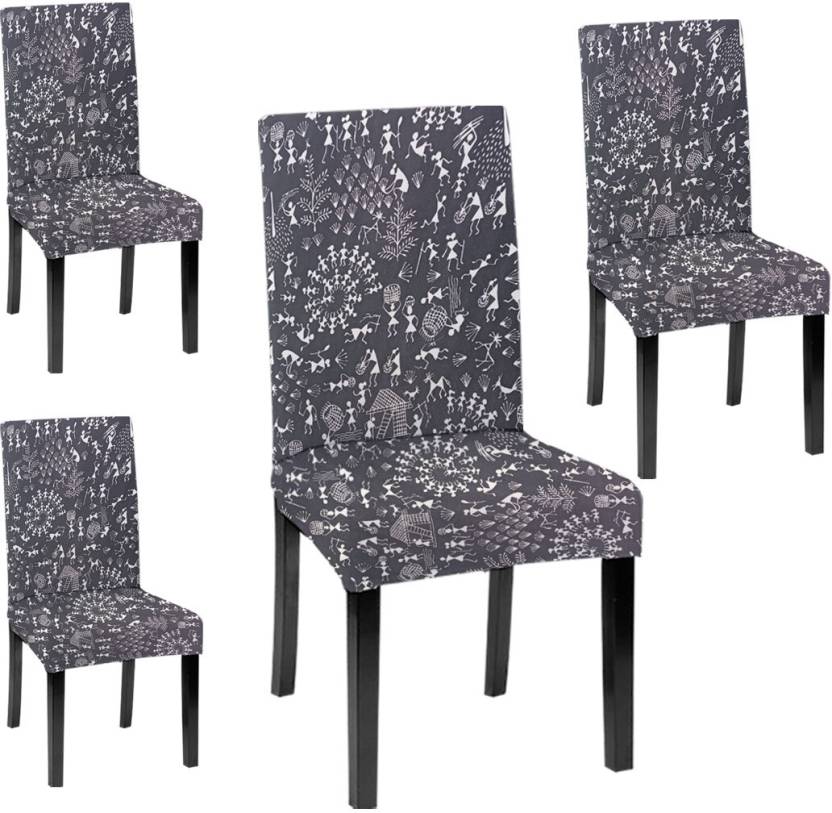 LAZI Black Warli Print Dining Chair Covers, Stretchable Slipcover and Seat Protector