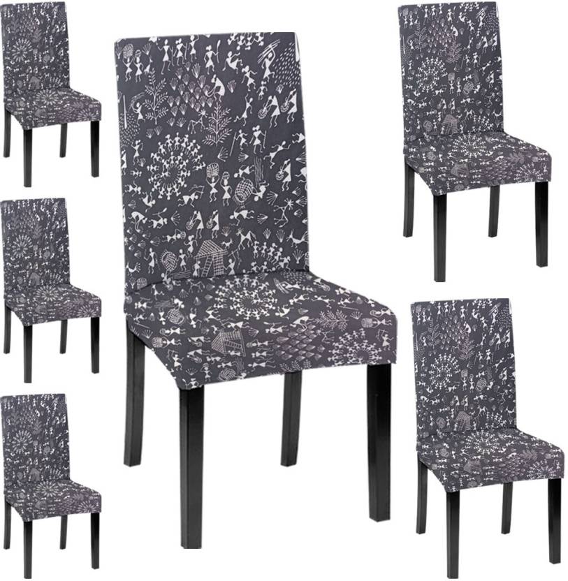 LAZI Black Warli Print Dining Chair Covers, Stretchable Slipcover and Seat Protector