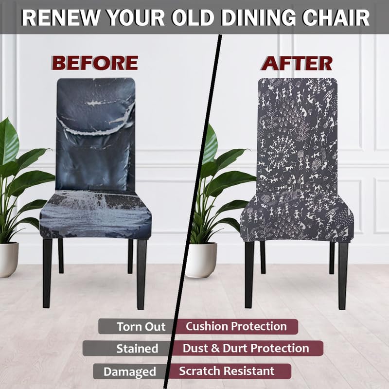 LAZI Black Warli Print Dining Chair Covers, Stretchable Slipcover and Seat Protector