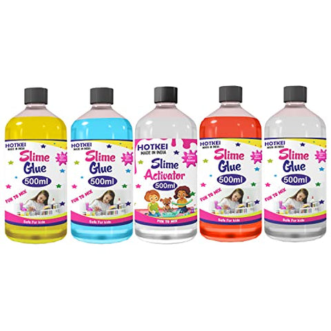 HOTKEI (Make 100+ slimes) Multicolor Scented DIY Magic Toy Slimy Slime Activator Glue Gel Jelly Putty Making kit Set Toy for Boys Girls Kids Slime Making Kit 4 Colored Glue 1 Activator - 500 ml each
